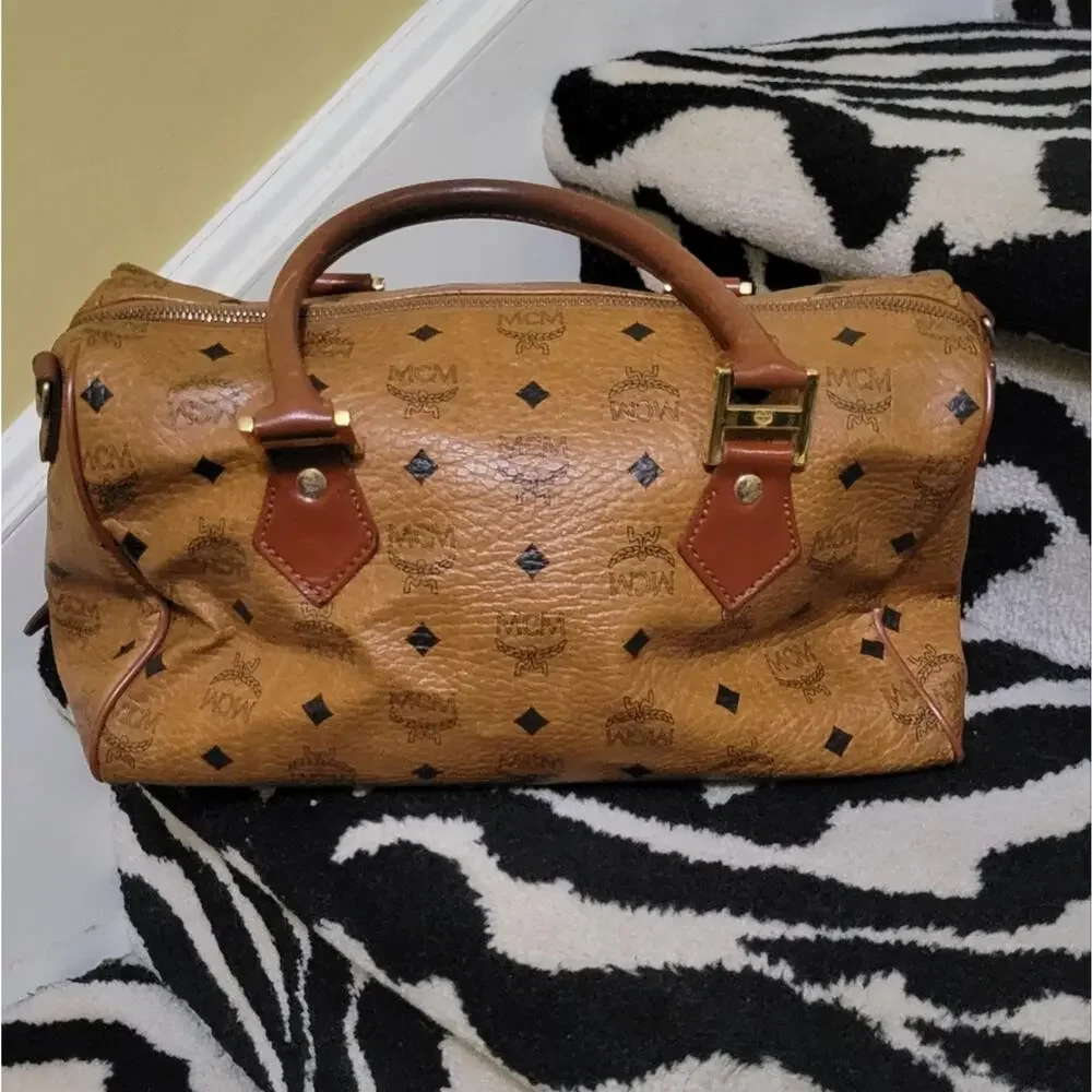 Authentic MCM Vintage Cognac Monogram Leather Visetos Boston Bag